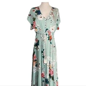 Amzplus Dress Floral Smocked And Tassled Tie Front Midi Green Plus Size 3XL